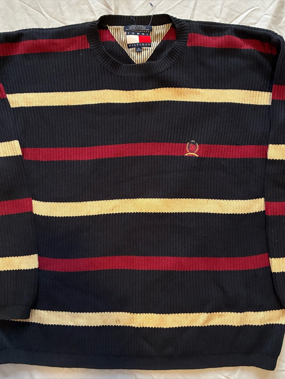 Vintage 90’s Tommy Hilfiger Men’s Crewneck Sweater - Red Blue & Cream Stripes